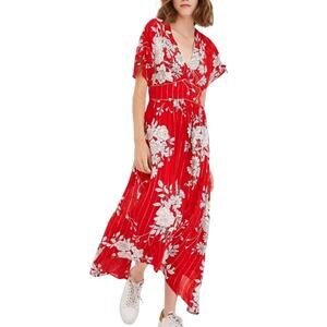 Raga NWT Red Floral Metallic Accent Long Maxi Dress Size S V-neck Sleeve Tie
